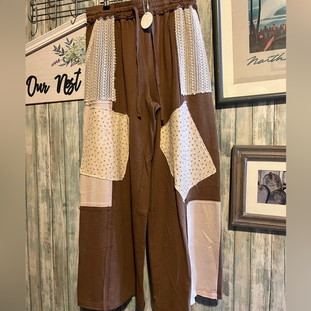Oddi Brown Knit Patchwork Pants NWT - image 1